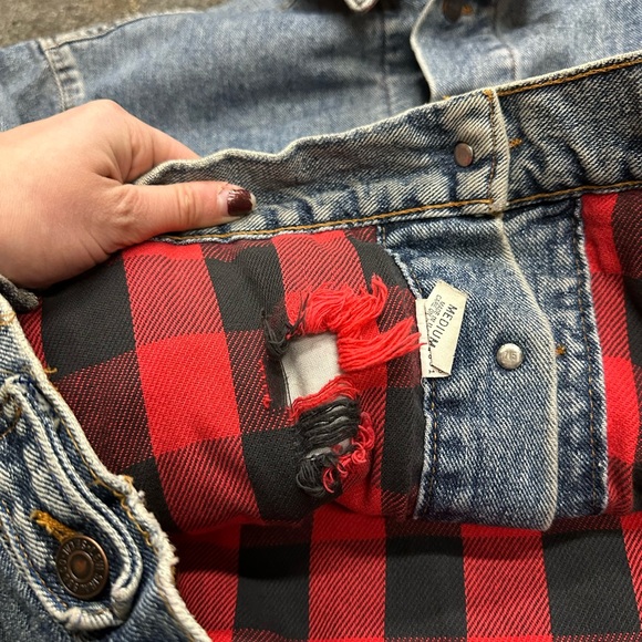 Levi’s Denim Buffalo Plaid Lined Trucker Jacket Mens Medium VTG 90s 80s Blue Red - Picture 4 of 12
